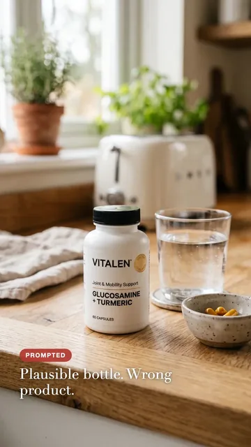 Bote de suplemento real en una cocina hecha con IA