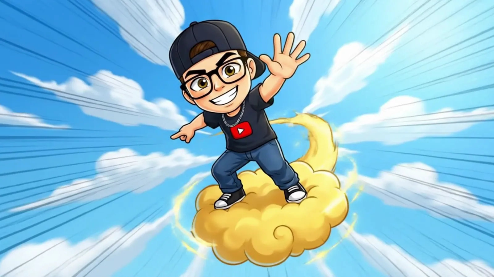 El personaje del canal Mr. Quiz Trivia, dibujado, sube en una nube entre el cielo
