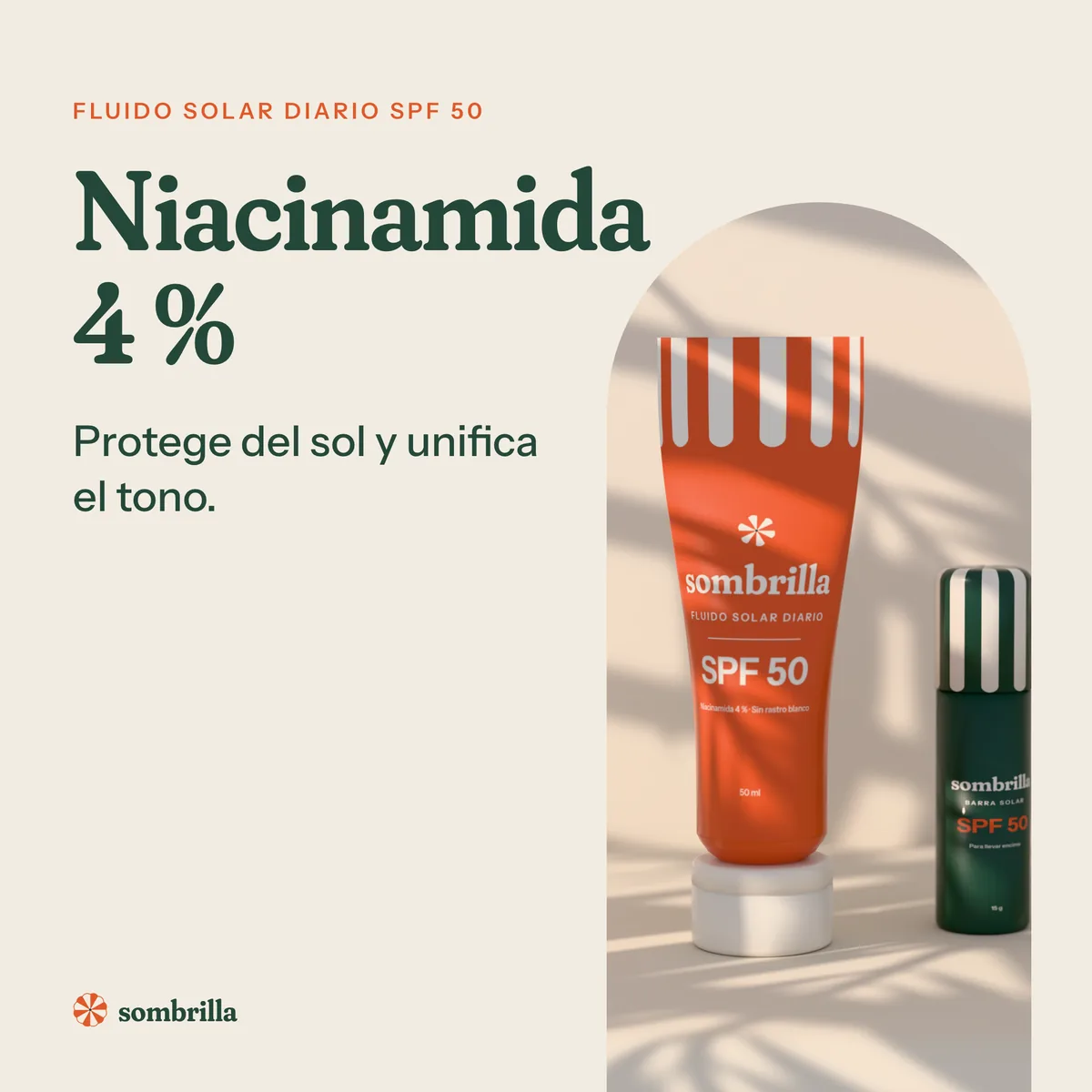 Anuncio cuadrado de Sombrilla: fluido solar con niacinamida al 4 %