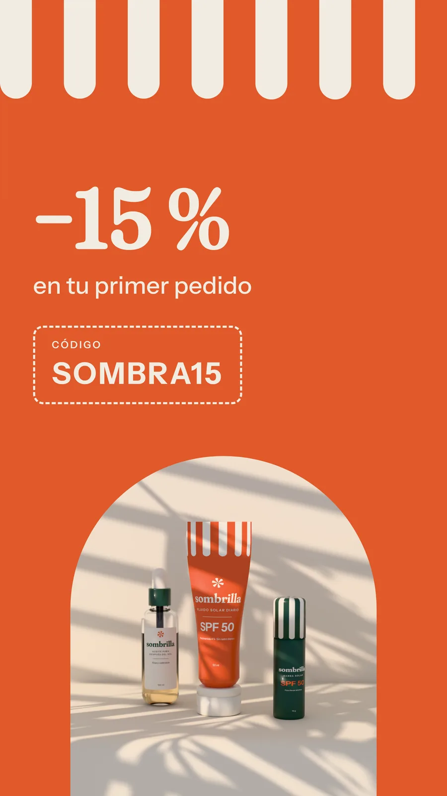 Anuncio vertical de Sombrilla con el código de descuento del primer pedido