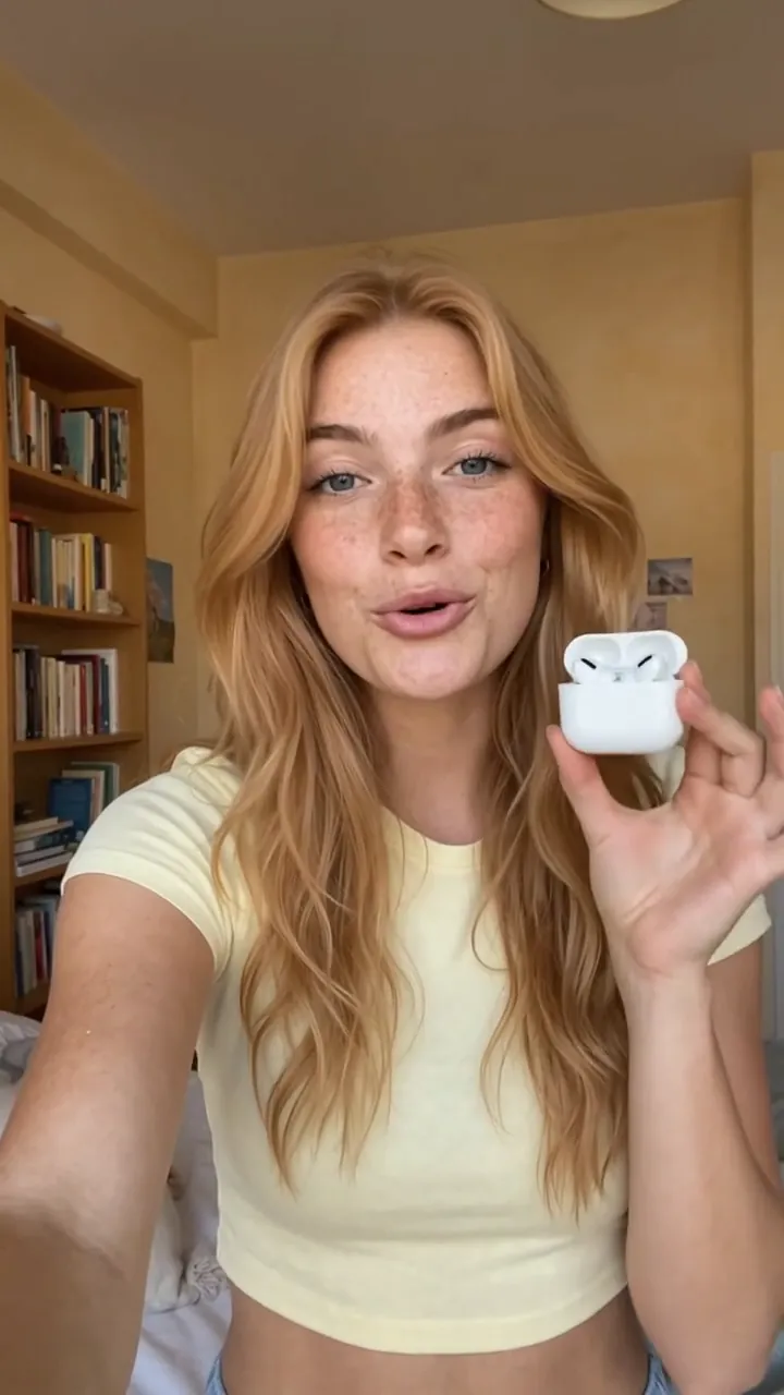 Una de las siete actrices hechas con IA del anuncio, con los auriculares en la mano